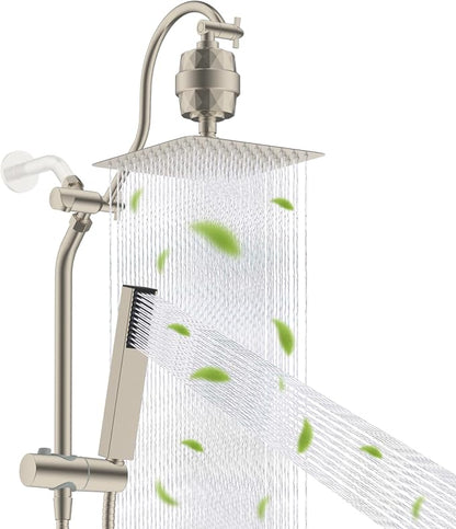 Hibbent 10'' Filtered Showerhead with 4-mode Handheld Spray, Brushed Nickel | High Pressure Showerhead Combo, 12'' Adjustable Extension Arm, Shower Filter, Extension Bar, Easy Reach Holder, 71'' Hose