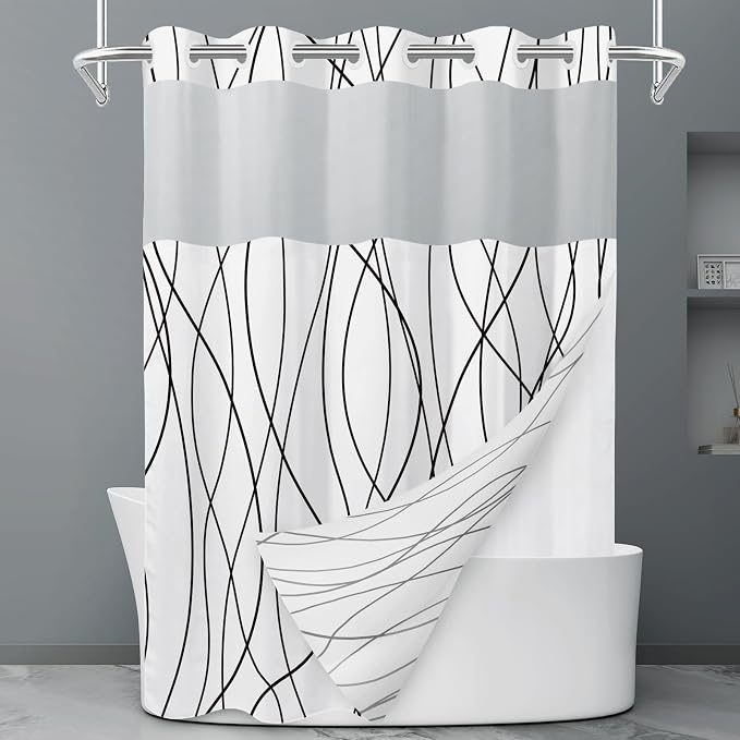 Black White No Hook Shower Curtain with Liner, 71 x 77 Inch | Stripe Pattern,Waterproof,Quick Dry,Mesh Top Window,Bottom Magnets,Hotel Style,Machine Washable,Modern,for Bathroom