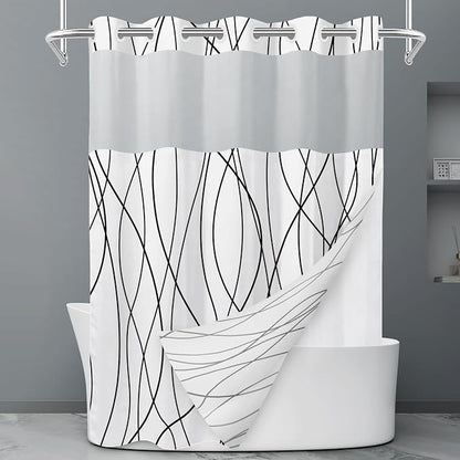 Black White No Hook Shower Curtain with Liner, 71 x 74 Inch | Stripe Pattern,Waterproof,Quick Dry,Mesh Top Window,Bottom Magnets,Hotel Style,Machine Washable,Modern,for Bathroom