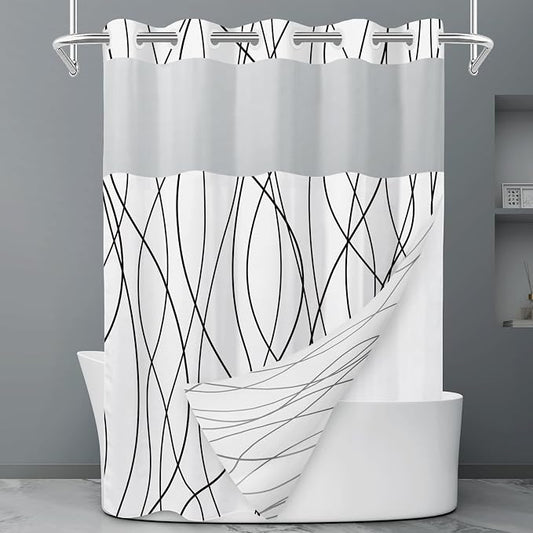 Black White No Hook Shower Curtain with Liner, 71 x 74 Inch | Stripe Pattern,Waterproof,Quick Dry,Mesh Top Window,Bottom Magnets,Hotel Style,Machine Washable,Modern,for Bathroom