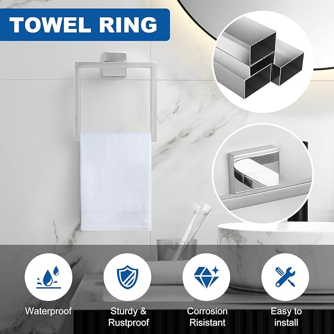 Cilee 15-Pieces Polished Chrome Bathroom Hardware Set, 24 in Towel Bar Set | Towel Bar, Square Towel Ring Toilet Paper Holder Towel Hook, Bathroom Accessories Wall-Mounted Stainless Steel Towel Rack Set
