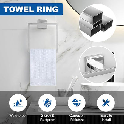 Cilee 15-Pieces Polished Chrome Bathroom Hardware Set, 24 in Towel Bar Set | Towel Bar, Square Towel Ring Toilet Paper Holder Towel Hook, Bathroom Accessories Wall-Mounted Stainless Steel Towel Rack Set