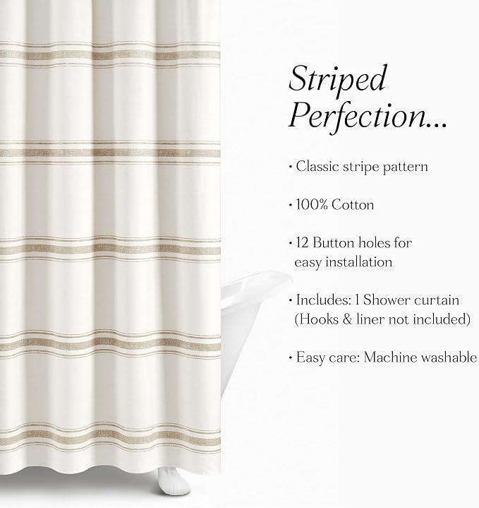 Lush Decor Farmhouse Stripe Cotton Shower Curtain, 72" W x 72" L, Neutral - Striped Bathroom Curtain - Fabric Shower Curtains - Farmhouse Bathroom Decor