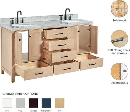 ARIEL Cambridge 66-inch Bathroom Vanity with Sink,Solid Wood, 1.5-inch Italian Carrara Marble Countertop, Double Oval Porcelain Sink, 4 Soft Closing Doors, 6 Dovetail Drawers, White Oak