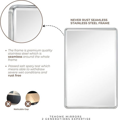 TEHOME Surface Mount 16x24 Brushed Nickel Bathroom Medicine Cabinet with Mirror Metal Framed Rounded Rectangle Medicine Cabinet with Beveled Mirror