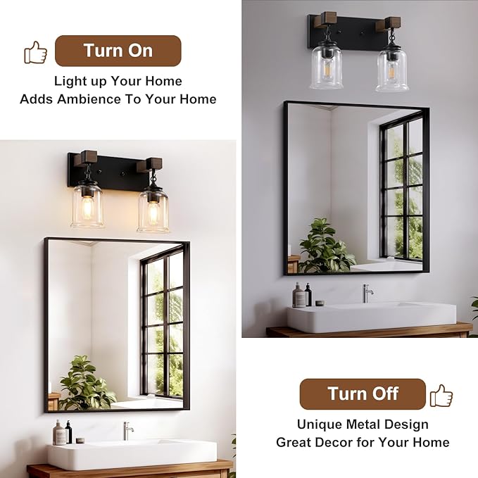 Farmhouse Bathroom Light Fixtures, 2 Light Black Vanity Light, Industrial Style with Clear Glass Shades, Rustic Wood Bathroom Lighting Fixtures Over Mirror for Bedroom, Living Room