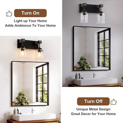 Farmhouse Bathroom Light Fixtures, 2 Light Black Vanity Light, Industrial Style with Clear Glass Shades, Rustic Wood Bathroom Lighting Fixtures Over Mirror for Bedroom, Living Room
