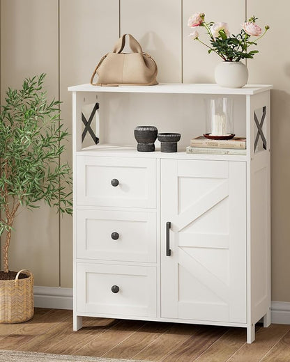 Homhedy Bathroom Storage Cabinet with 3 Drawers, Toilet Paper Cabinet | Farmhouse Freestanding Floor Cabinet with Door and Adjustable Shelf, Small Cabinet for Bathroom, Living Room, White