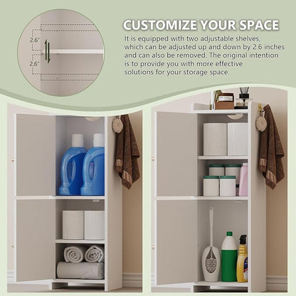 Small Bathroom Storage Cabinet,Corner Floor Cabinet with 2 Doors and Adjustable Shelf, Narrow Toilet Paper Cabinets with 2Hooks,Toilet Organizer for Small Spaces，7.87"D*9.84"W*29.72"H(White)