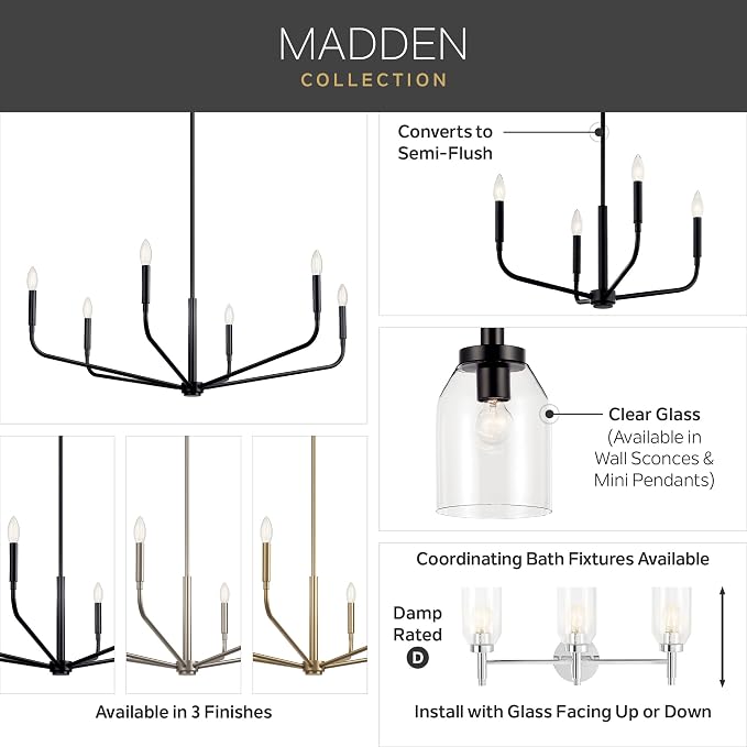 Kichler Madden 1-Light Bathroom Wall Light, Brushed Nickel | Modern wall light with clear glass for bathrooms and hallways (14.75" x 5"), 55183NI