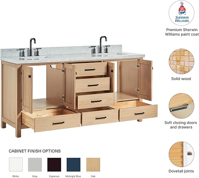 DKB Beckford 72" Oak Double Bathroom Vanity with Sink, 1.5" Edge Carrara White Marble Countertop, Rectangle Sinks, 4 Soft-Closing Doors, 6 Dovetail Drawers
