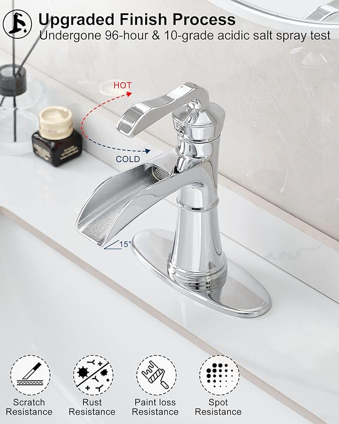 Brass Chrome Bathroom Faucet Single Handle, Bathroom Faucets One Hole, 4 Inch Waterfall Faucet for Bathroom Sink 3 Hole with Deck Plate, Pop-up Drain and Supply Hoses
