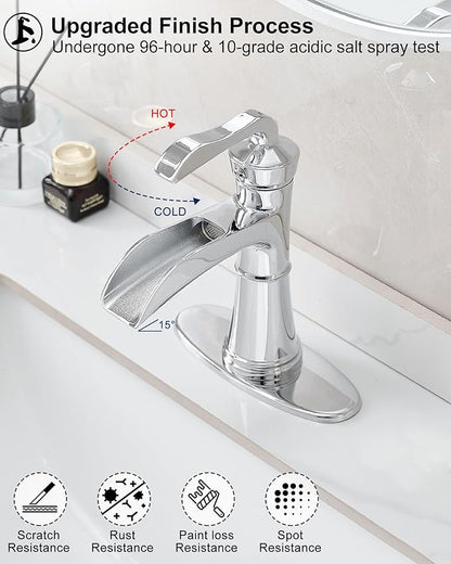 Brass Chrome Bathroom Faucet Single Handle, Bathroom Faucets One Hole, 4 Inch Waterfall Faucet for Bathroom Sink 3 Hole with Deck Plate, Pop-up Drain and Supply Hoses
