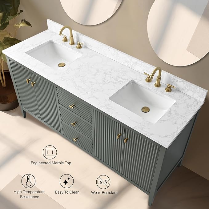 Vanity Art 72 inch Bathroom Vanity with Double Sink & Ceramic Top, Vanity Cabinet with Soft-Closing Door, Solid Wood Frame, Linear Pattern, Vintage Green, VA9172-DVG-MB,Matte Black Handles