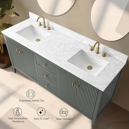 Vanity Art 72 inch Bathroom Vanity with Double Sink & Ceramic Top, Vanity Cabinet with Soft-Closing Door, Solid Wood Frame, Linear Pattern, Vintage Green, VA9172-DVG-MB,Matte Black Handles