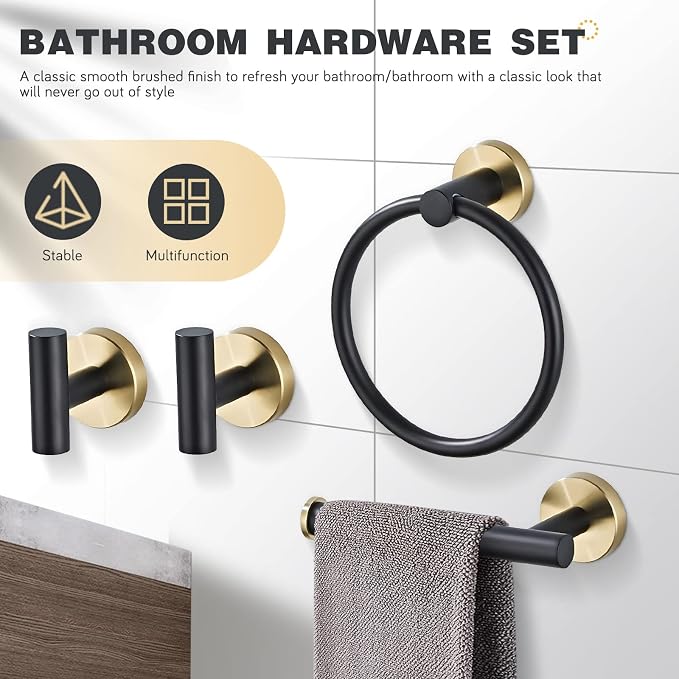 Bathroom Hardware Set 4 Piece Black&Gold Wall Mounted Stainless Steel Hardware Towel Bar Set Gold Bathroom Accessories Towel Rack Set Kit Includes Hand Towel Ring, Toilet Paper Holder, 2 Robe Hook