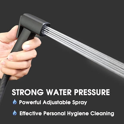Handheld Bidet Sprayer for Toilet, Lockable Push Button, High Pressure Bathroom Sprayer, Cloth Diaper & Personal Hygiene Sprayer, Tank Mount No-Drill Install, Stainless Hose Set, Black Color