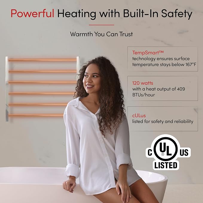 WarmlyYours Tahoe Heated Towel Rack, 6 Bars, Polished Stainless Steel | Hardwired 120V heated towel rack for spa-like bathroom comfort, 427 BTU/hr, energy-efficient towel drying