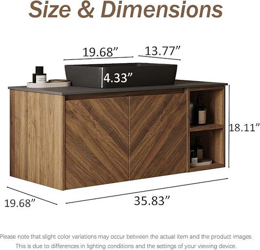 36 Inch Floating Vanity Bathroom with Single Sink, Wall-Mounted Floating Bathroom Cabinet with Sintered Stone Countertop & Black Ceramic Basin, Ample Storage and Open Shelves, Dark Wood