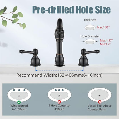 Aolemi 8 Inch Widespread Bathroom Sink Faucet 3 Hole Deck Mount Vanity Basin Mixer Tap with Pop Up Drain Assembly Oil Rubbed Bronze Double Lever Handle