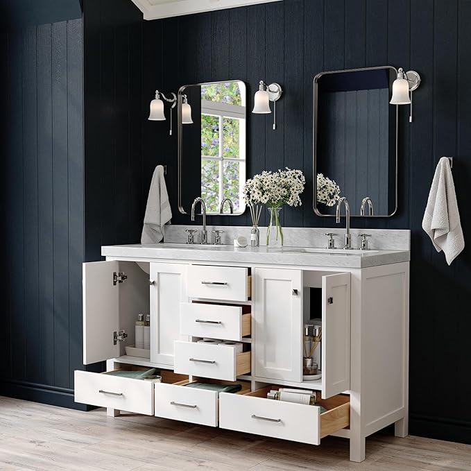 ARIEL Cambridge 60-inch Bathroom Vanity with Sink,Solid Wood, 2-inch Italian Carrara Marble Countertop, Double Rectangular Porcelain Sink, 2 Soft Closing Doors, 6 Dovetail Drawers, White