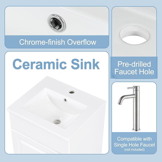 Christopher Knight Home Doreen 18" Bathroom Vanity with Ceramic Sink, Bathroom Vanity Cabinet with Door Organizer,Wooden Bathroom Storage Cabinet with Adjustable Shelf,Pedestal Sink with Storage,White