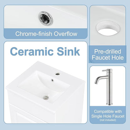 Christopher Knight Home Doreen 18" Bathroom Vanity with Ceramic Sink, Bathroom Vanity Cabinet with Door Organizer,Wooden Bathroom Storage Cabinet with Adjustable Shelf,Pedestal Sink with Storage,White