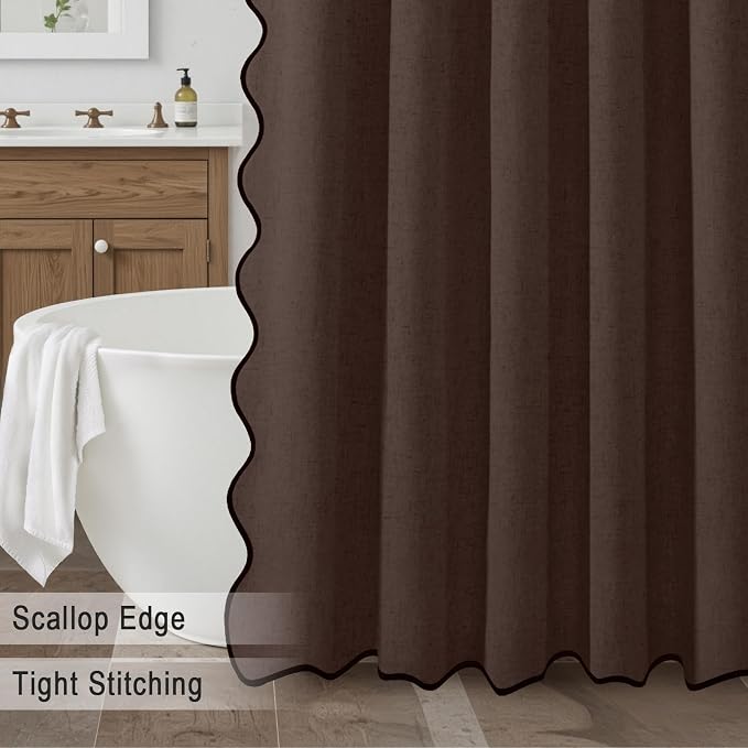 Scalloped Shower Curtain Linen Boho Flax Brown 72" W x 72" L | Linen Fabric, Black Border, Washable, Heavy Duty Cloth, Shower Curtain for Boho Farmhouse Bathroom Bathtub