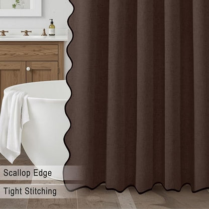Scalloped Shower Curtain Linen Boho Flax Brown 72" W x 72" L | Linen Fabric, Black Border, Washable, Heavy Duty Cloth, Shower Curtain for Boho Farmhouse Bathroom Bathtub