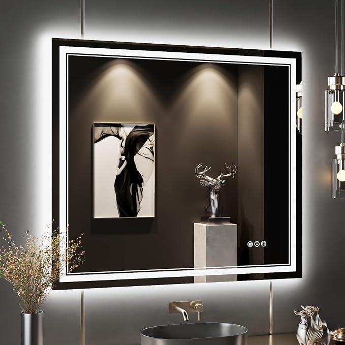 40x36 Inch LED Bathroom Mirror with Lights | Front and Backlit, 3 Colors, Dimmable, Memory, Anti Fog, Shatterproof, Horizontal/Vertical, Lighted Mirrors for Bathroom Wall