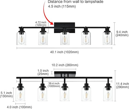 MELUCEE 5 Light Vanity Lights for Bathroom with Rotatable Light Head, Black Ceiling Light Fixture with Clear Glass Shade, Modern Spotlight Track Lighting Kit for Hallway Porch Foyer Bath