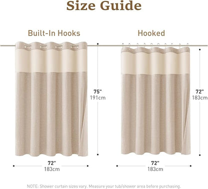 Tan Ringless Linen Textured Shower Curtain with Snap in Liner, 72x75 | 3 in 1 Hotel Shower Curtain Set, Removable Liner, Waterproof & Washable, Mesh Top Window, Durable Fabric, Easy to Install