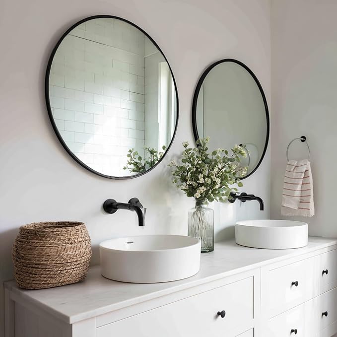 Black Circle Mirror 28 inch, 2 Pack Round Mirror, Matte Metal Frame | High Definition Mirror, Rust-resistant, Easy Installation, Circular Mirrors for Living room Bedroom, Entrance, Restroom
