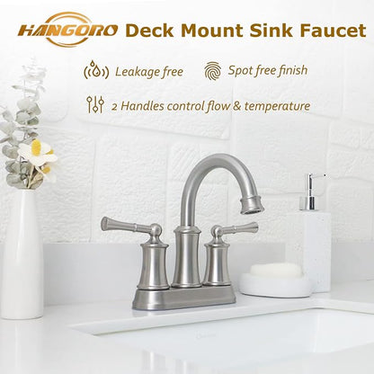 4 Inch Centerset Bathroom Faucet Brushed Nickel,2 Handle Bathroom Faucet 3 Hole, Antique Brass Bathroom Faucet with Pop Up Drain Supply Hose for Vanity Lavatory RV Farmhouse(L2303-BN)