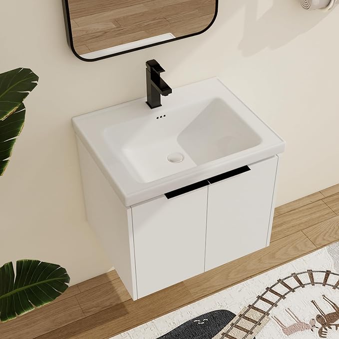 Malwee 24" Floating Bathroom Vanity with Sink, 24 Inch Single Sink Wall Mounted Bathroom Vanity, with 2 Doors and White Ceramic Basin Top, Wall Hung Storage Cabinet Combo Set.MA07424