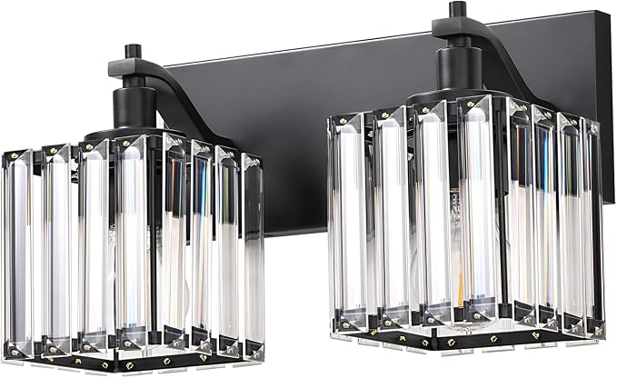 EDISHINE 2-Light Black Bathroom Vanity Light, Crystal Sconce Over Mirror | Up/Down Reversible, Black Frame, Modern for Bath, Powder Room, E26 Base