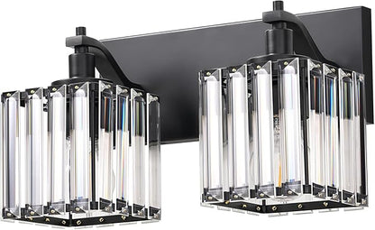 EDISHINE 2-Light Black Bathroom Vanity Light, Crystal Sconce Over Mirror | Up/Down Reversible, Black Frame, Modern for Bath, Powder Room, E26 Base