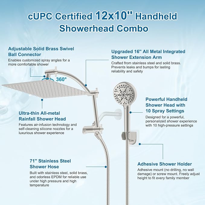 Hibbent Metal 12" High Pressure Rain Shower Head Combo, Brushed Nickel | cUPC Certified Rainfall Shower Head with handheld 10 Sprays, 16'' Adjustable Extension Arm, 71'' Hose, Showerhead Holder