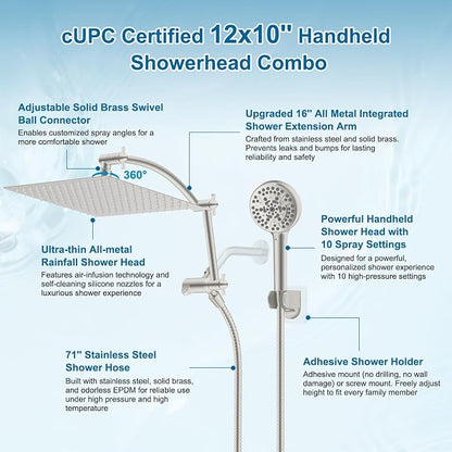 Hibbent Metal 12" High Pressure Rain Shower Head Combo, Brushed Nickel | cUPC Certified Rainfall Shower Head with handheld 10 Sprays, 16'' Adjustable Extension Arm, 71'' Hose, Showerhead Holder