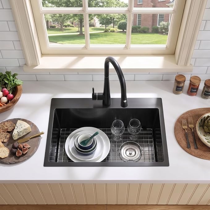 22x18x9 Inch Drop in Kitchen Sink, 304 Black Stainless Steel Sink | Right Offset Drain, R10 Tight Corner, Topmount Kitchen Sink with Strainer & Bottom Grid