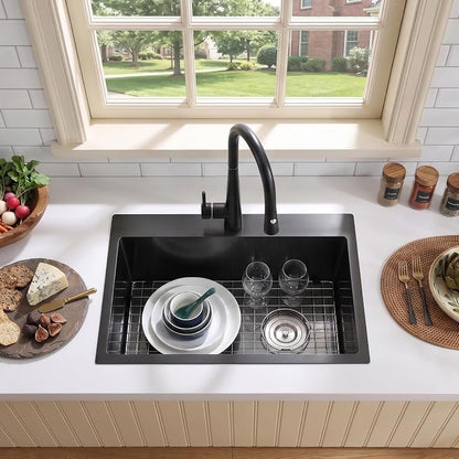 22x18x9 Inch Drop in Kitchen Sink, 304 Black Stainless Steel Sink | Right Offset Drain, R10 Tight Corner, Topmount Kitchen Sink with Strainer & Bottom Grid