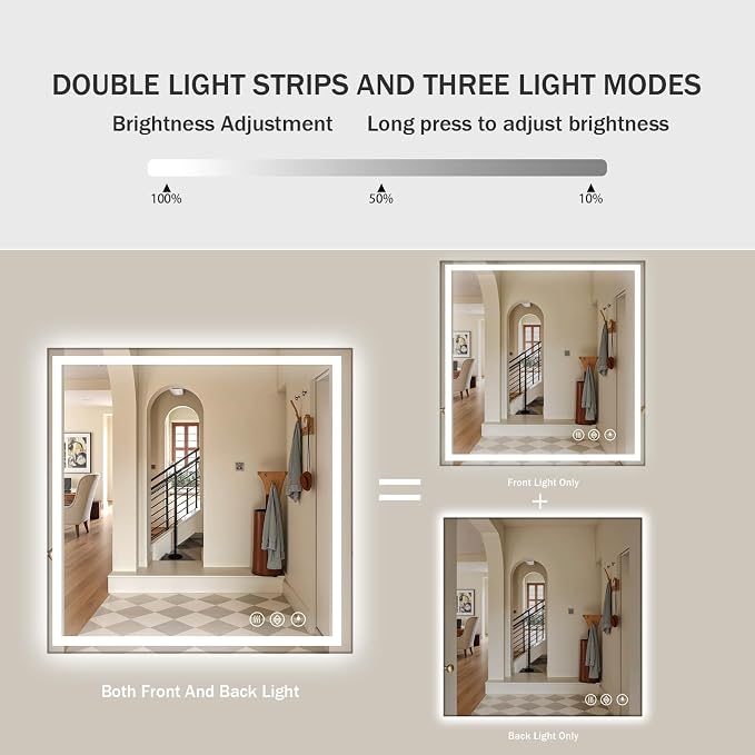 Koonmi 47x47 LED Bathroom Mirror with Light, Anti-Fog, 3 Colors | Backlit + Front Lit, Dimmable Brightness, Shatterproof HD Distortion-Free Tempered Glass, Hardware Included