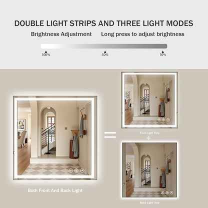 Koonmi 47x47 LED Bathroom Mirror with Light, Anti-Fog, 3 Colors | Backlit + Front Lit, Dimmable Brightness, Shatterproof HD Distortion-Free Tempered Glass, Hardware Included