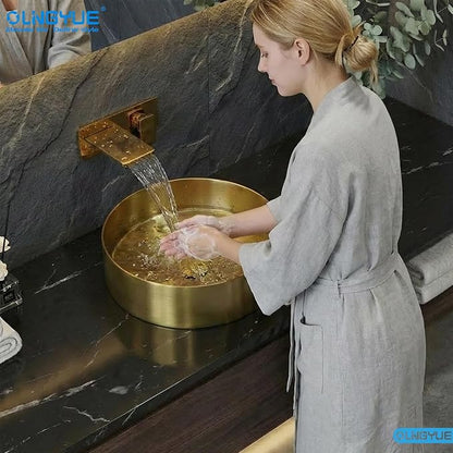 Brushed Gold Bathroom Vessel Sink: 16" Modern Round Countertop Washbasin | Above Counter Lavatory Basin with Stainless Steel PVD Coating Pop Up Drain for Home Hotel Office Toilet Decoration Remodeling