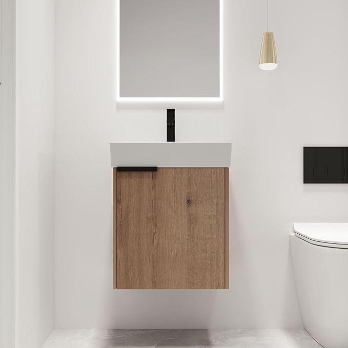 Malwee Bathroom Cabinet, Modern Vanity, Small 18'' Wall Mount, Imitative Oak, Scratch & Water-Resistant