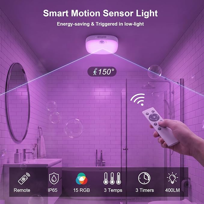 NARUNDREN 2 Pack IP65 Motion Sensor Shower Ceiling Light 10000mAh 18 Colors | 300LM LED, 3CW+15RGB & 5-Step Dimmable, Rechargeable Battery Operated w/Remote, Waterproof Light for Bathroom & Closet