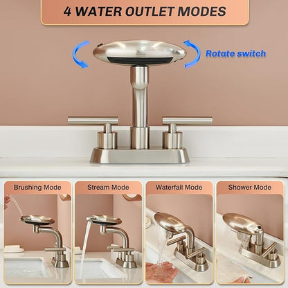 Bathroom Sink Faucet 3 Hole Brushed Nickel 4 Inch Centerset，4 Modes Waterfall Bathroom Faucet 2 Handle with 360° Swivel Spout & Pop Up Drain