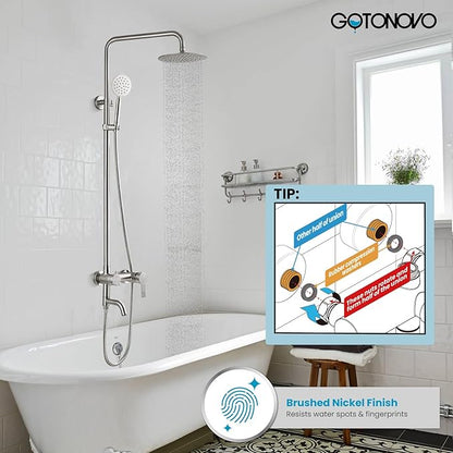 gotonovo Outdoor Shower Kit SUS304 Stainless Steel Brushed Nickel | Outside Shower Fixtures,8’’ Rain Head with Handheld Sprayer,Swivel Tub Spout,Indoor/Outdoor,Poolside,Backyard,Garden,Beach