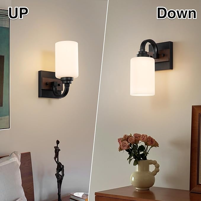 1-Light Milk Glass Wall Sconces, Farmhouse Vanity Light Fixtures for Bathroom, Black and Wood Wall Lighting, Wall Sconce for Hallway, Entryway, Bedroom, Living Room