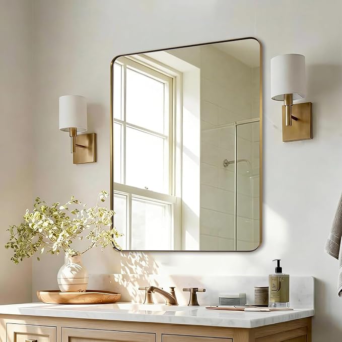 Gold Bathroom Mirror for Wall, 20x28” Brushed Brass Metal Rounded Corner Rectangle Mirror, Wall Mirror in Stainless Steel Metal Frame, 1" Deep Set Design Hangs Horizontal Or Vertical